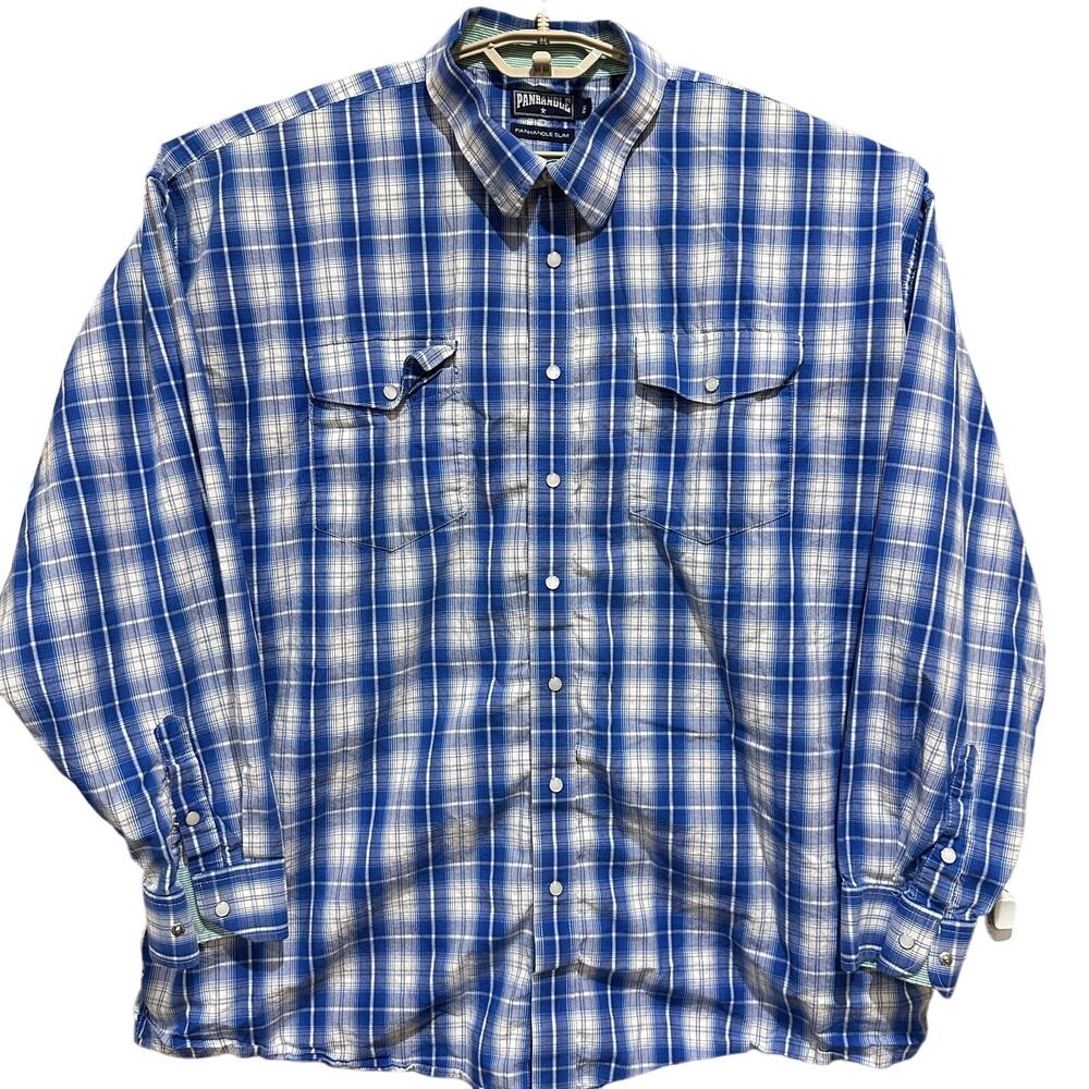 Panhandle Slim Button Up Shirt Men Size XXL Blue Plaid Long Sleeves 100% Cotton